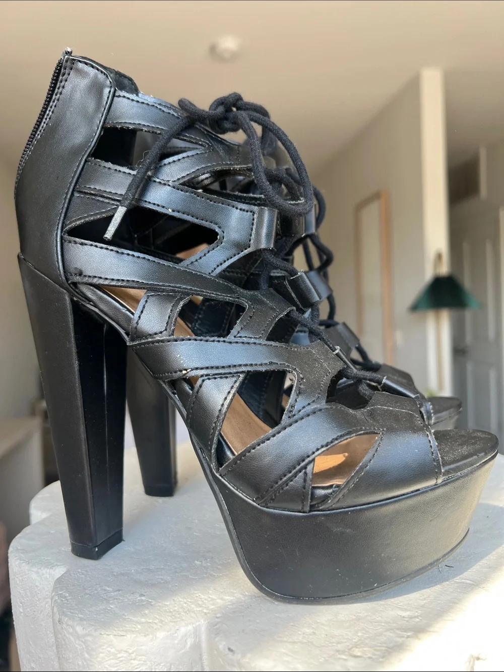 Charlotte Russe Black Lace-Up Cutout Platform Heels
